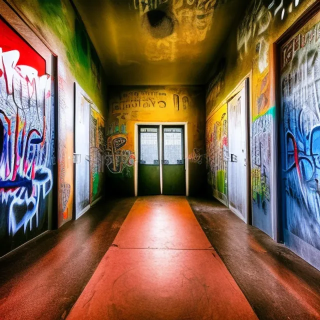 wide angle shot of a Room with  3 different doors all next to each other , each door has a different graffiti displaying a number 