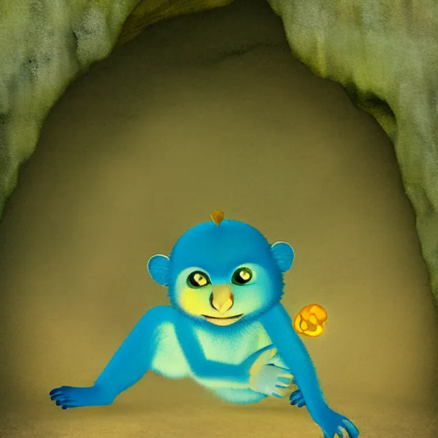 a blue monkey primitive in a cave. cartoon, 