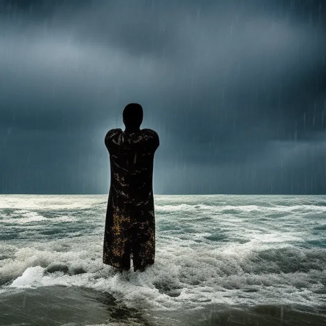 a golden rain at the Caspian sea, a man standing with open arms under the rain 