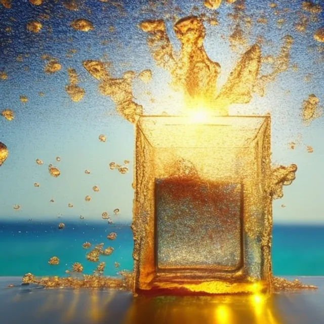 A photorealistic golden rain inside a glass cube at the sea