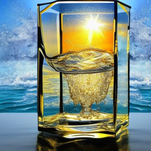 A photorealistic golden rain inside a glass cube at the sea