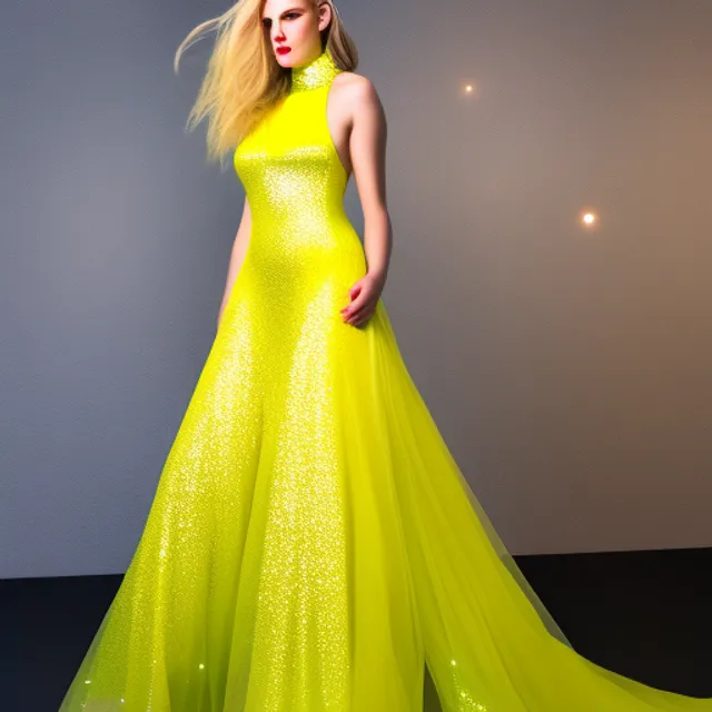 futuristic model wearing a neon yellow glitter dress walking the digital runway, retrowave, synthwave, 8k, Land art, acting headshot, celestial. futuristic model wearing a neon yellow glitter extra long tail dress walking the digital runway, retrowave, synthwave, 8k, Land art, acting headshot, celestial. verdant, 8k, semi realistic gouache painting, cyberpunk art, hdri 