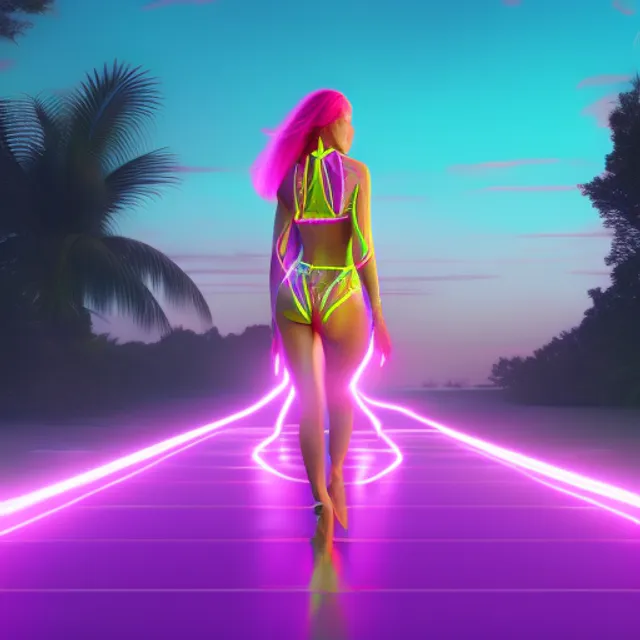 futuristic tropical chill wave landscape, a beautiful girl model wearing neon yellow bathing suit with silk robe, intricate details, walking on a hot pink runway with cinematic lighting, detail render, award winning, 8k photography. by senior character artist, glowing with colored light