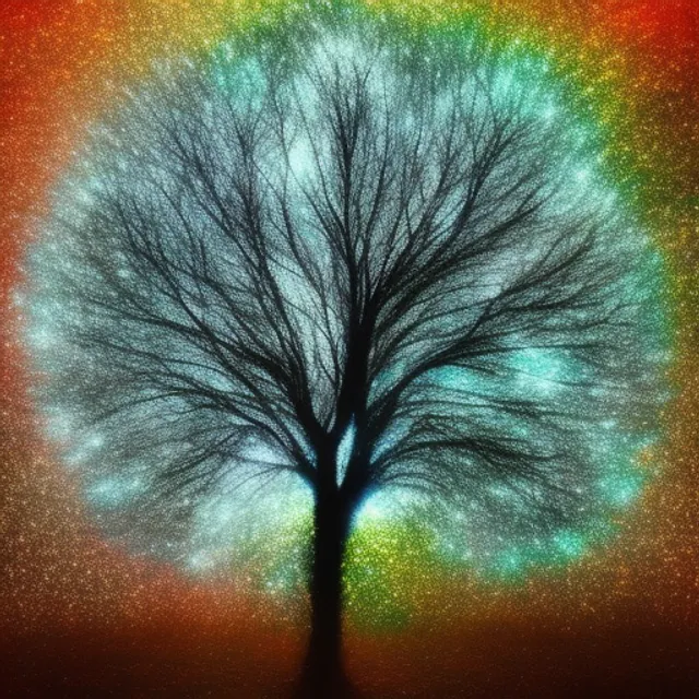 A tree is made of millions of psychodelic light particles and fibers, that flow into the Earth and heaven
