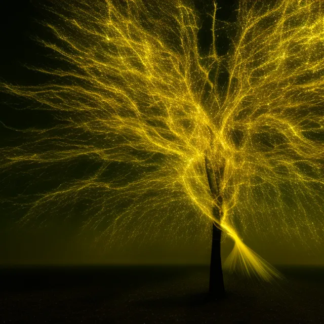 A tree is made of millions of psychodelic light particles and fibers, that flow into the Earth and heaven