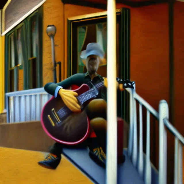 A guitarist on porch of yellow house. Funny looking. Animated