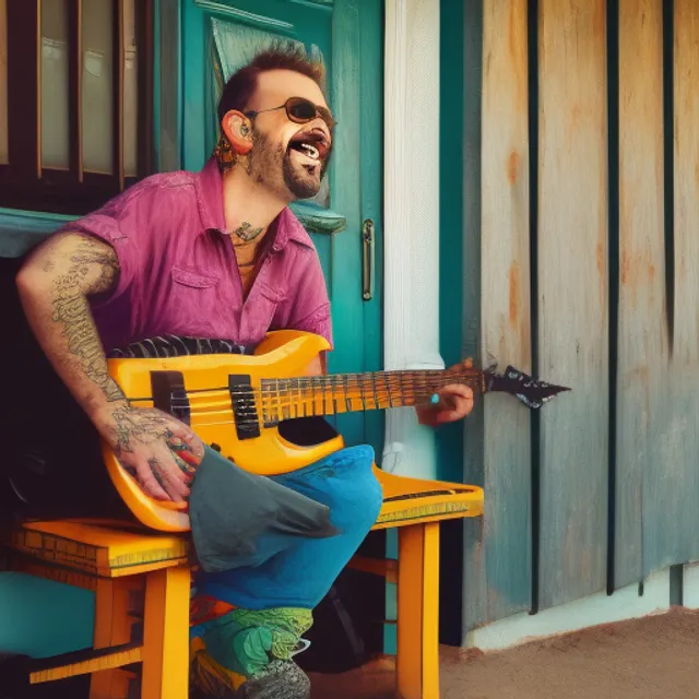 A guitarist on porch of yellow house. Funny looking. Toon