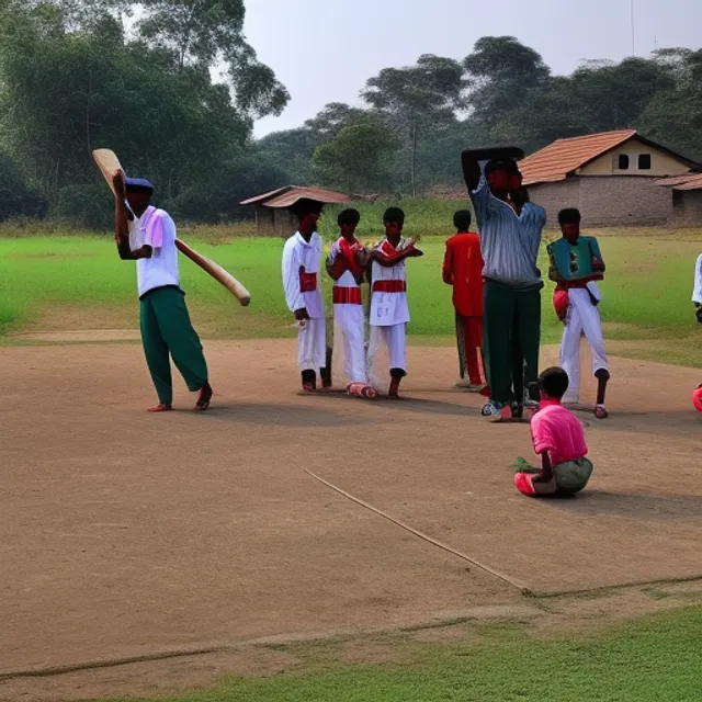 playing cricket in village  with many players 
