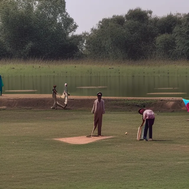 playing cricket in the village  with many players on the fields  near the pond 


