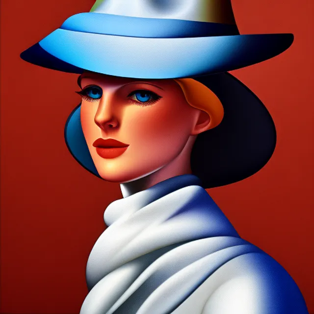 Portrait of girl in hat and neckerchief, almond shaped face, perfect blue eyes, detailed skin pores, cubism style background, by Catherine Abel, 8k, ArtStation