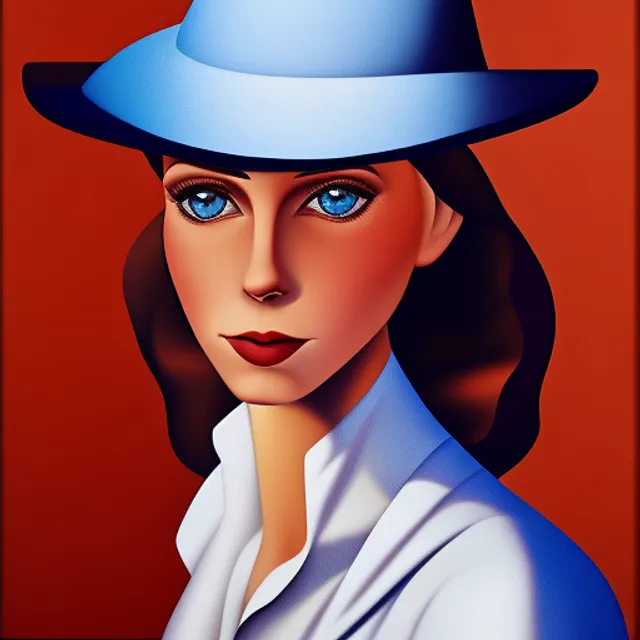 Portrait of girl in hat and neckerchief, almond shaped face, perfect blue eyes, detailed skin pores, cubism style background, by Catherine Abel, 8k, ArtStation