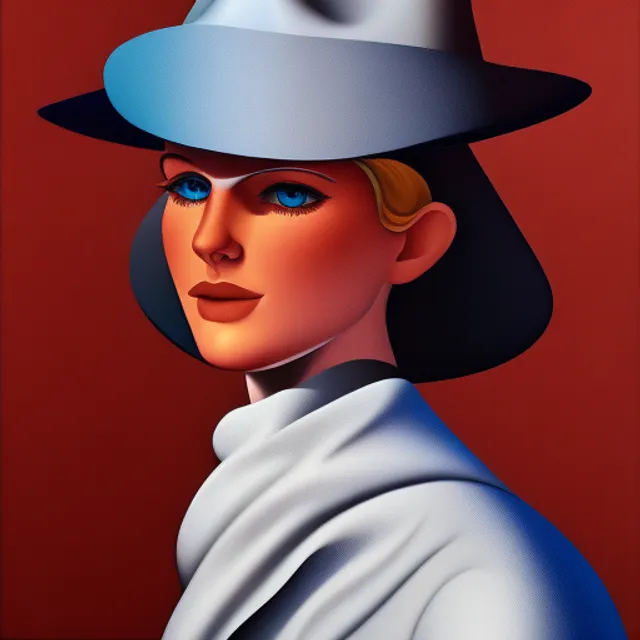 Portrait of girl in hat and neckerchief, almond shaped face, perfect blue eyes, detailed skin pores, cubism style background, by Catherine Abel, 8k, ArtStation