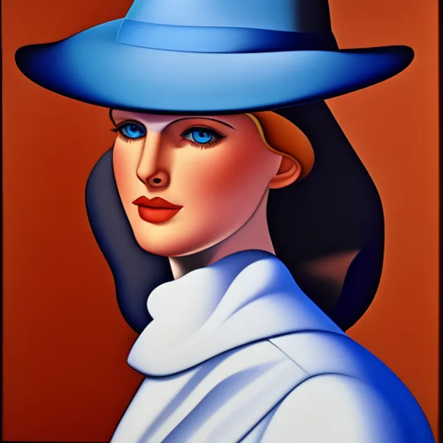 Portrait of girl in hat and neckerchief, almond shaped face, perfect blue eyes, detailed skin pores, cubism style background, by Catherine Abel, 8k, ArtStation