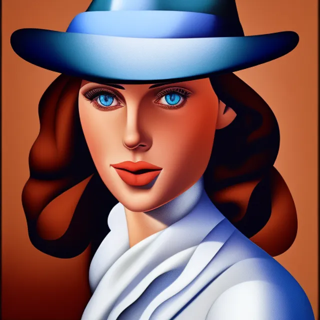 Portrait of girl in hat and neckerchief, almond shaped face, perfect blue eyes, detailed skin pores, cubism style background, by Catherine Abel, 8k, ArtStation