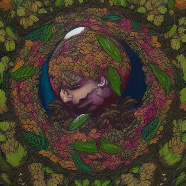 olpntng style, Flower and Leaf Covered Green Skin Gaia Cradling a Small Planet Earth Globe  in the style of Noah Bradley and Alex Gray and Thomas Cole, oil painting, heavy strokes, paint dripping