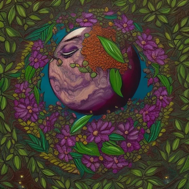 olpntng style, Flower and Leaf Covered Green Skin Gaia Cradling a Small Planet Earth Globe  in the style of Noah Bradley and Alex Gray and Thomas Cole, oil painting, heavy strokes, paint dripping