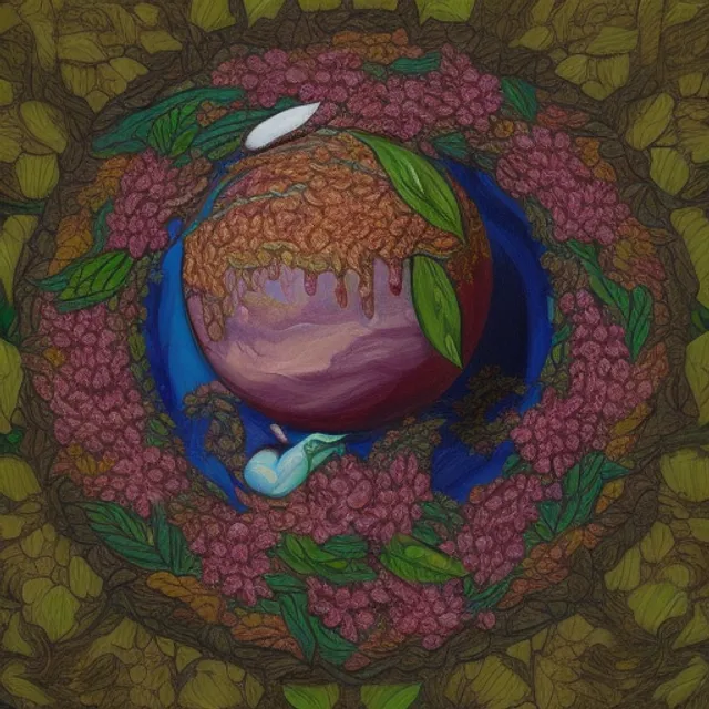 olpntng style, Flower and Leaf Covered Green Skin Gaia Cradling a Small Planet Earth Globe  in the style of Noah Bradley and Alex Gray and Thomas Cole, oil painting, heavy strokes, paint dripping