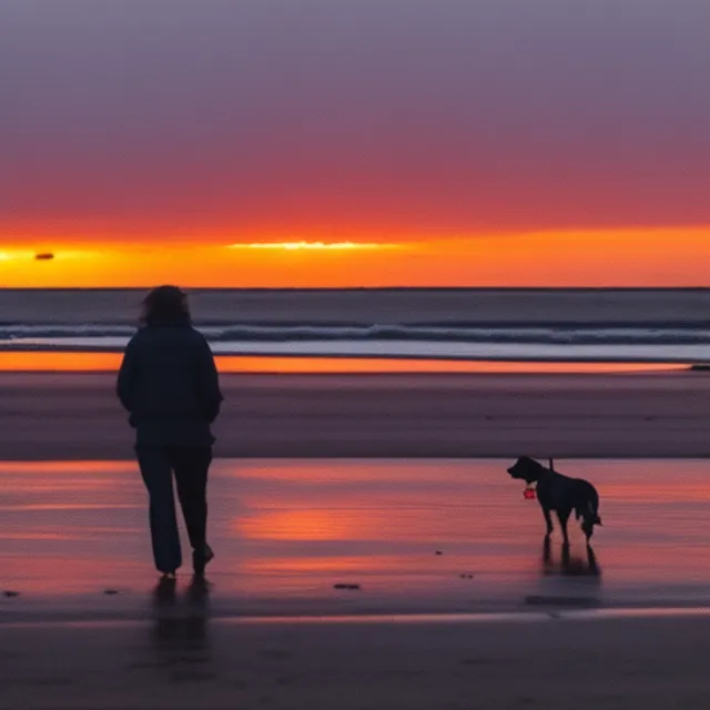 A women watching sunset on the beach with her dog