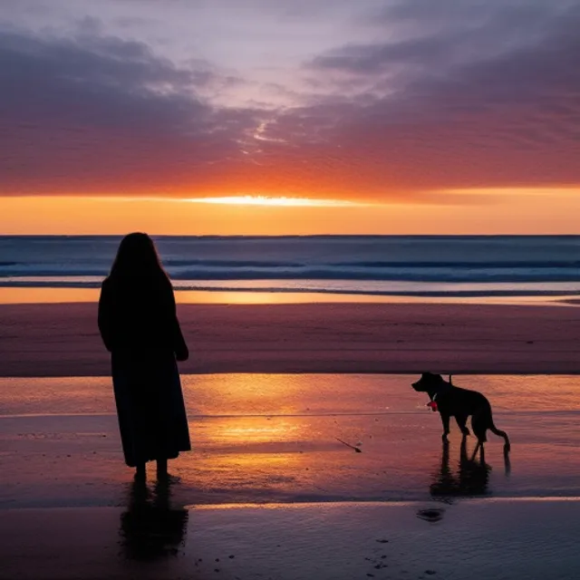 A women watching sunset on the beach with her dog