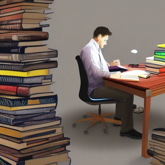  a person studying on a desk with piles of books on his desk 
