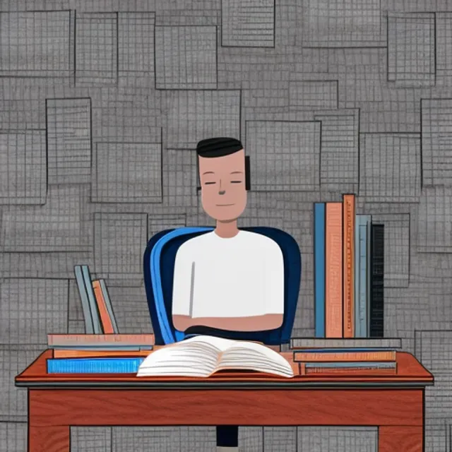  digital art of a person studying on a desk with piles of books on his desk 
