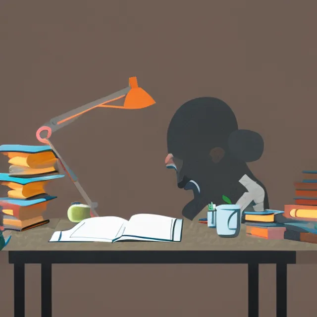 digital art of a person studying on a desk with piles of books on his desk