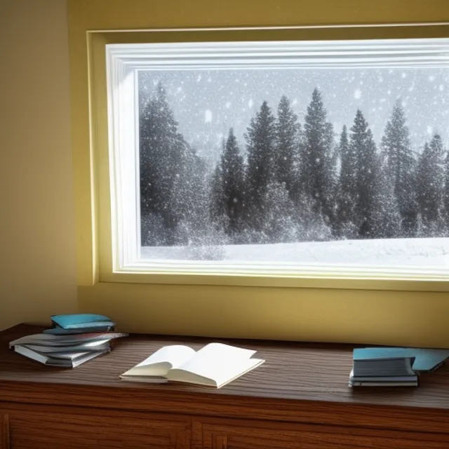 digital art of books on a desk with a window in the background showing the winter scenery 