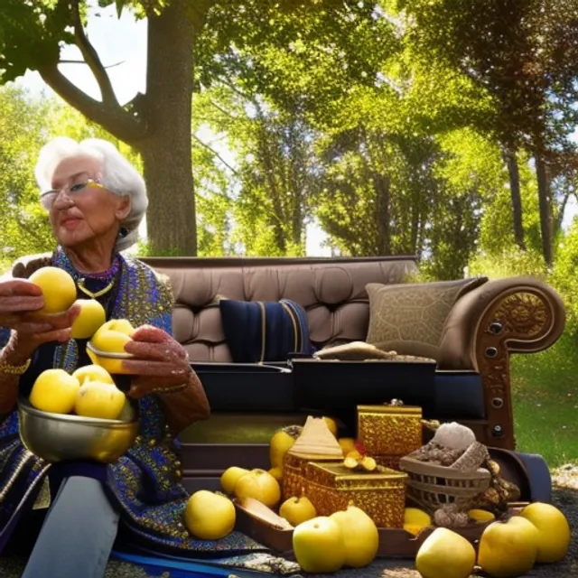 Winged grandma with golden apples really old