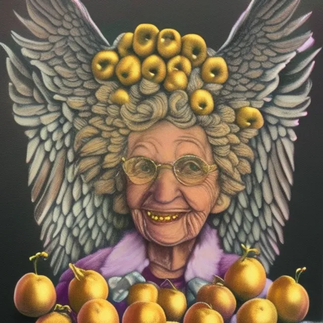 Winged grandma with golden apples really old