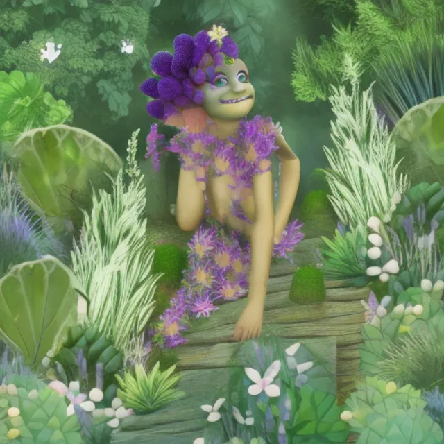 Pixie  sourounded by plants and nature