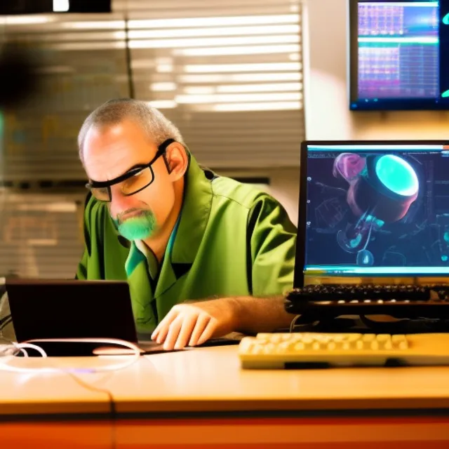 a focused scientist infront of a computer. a focused scientist infront of a computer. cinematic, golden