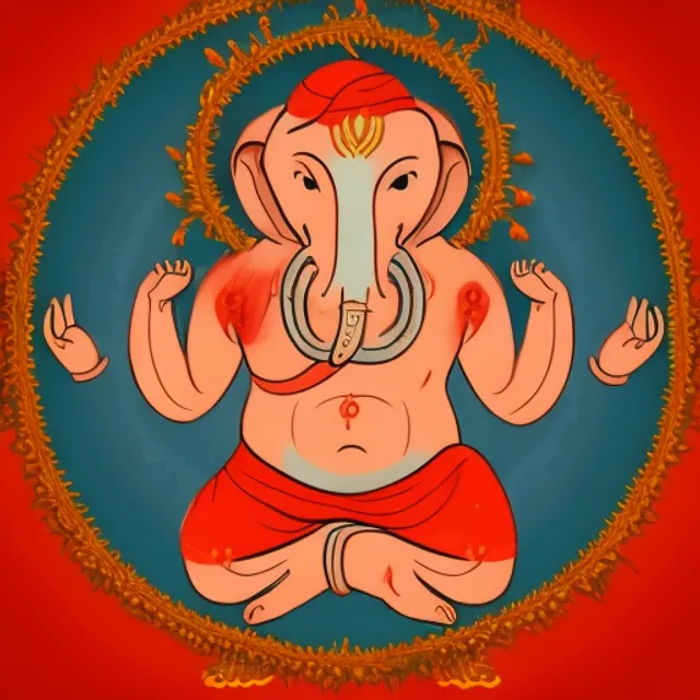 red Ganesh with multiple arms floating in the air in the style of old cartoon