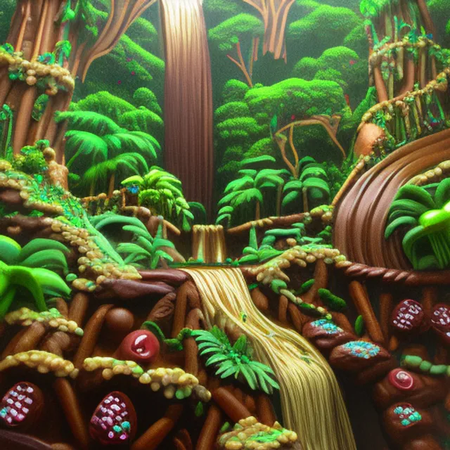 Rainforest with waterfall made from chocolate 