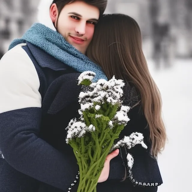 beautiful couple in love in winter clothes - a guy and a girl are hugging. The girl has a bouquet of flowers in her hand. Winter. In the background is the center of a German city