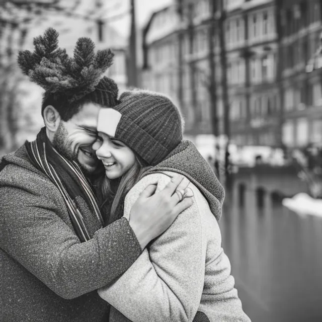 beautiful couple in love in winter clothes - a guy and a girl are hugging. The girl has a bouquet of flowers in her hand. Winter. In the background is the center of a German city