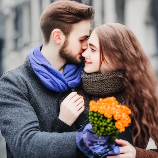 beautiful couple in love in winter clothes - a guy and a girl are hugging. The girl has a bouquet of flowers in her hand. Winter. In the background is the center of a German city