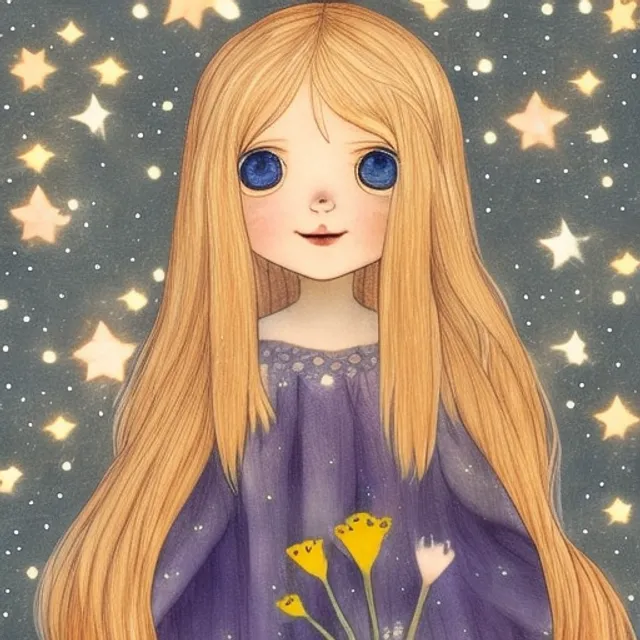 Under the starry sky, a lovely little girl, holding a song of flowers, big eyes, blonde hair. 