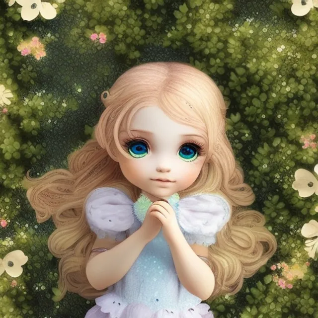 Under the starry sky, a lovely little girl, holding a song of flowers, big eyes, blonde hair. 