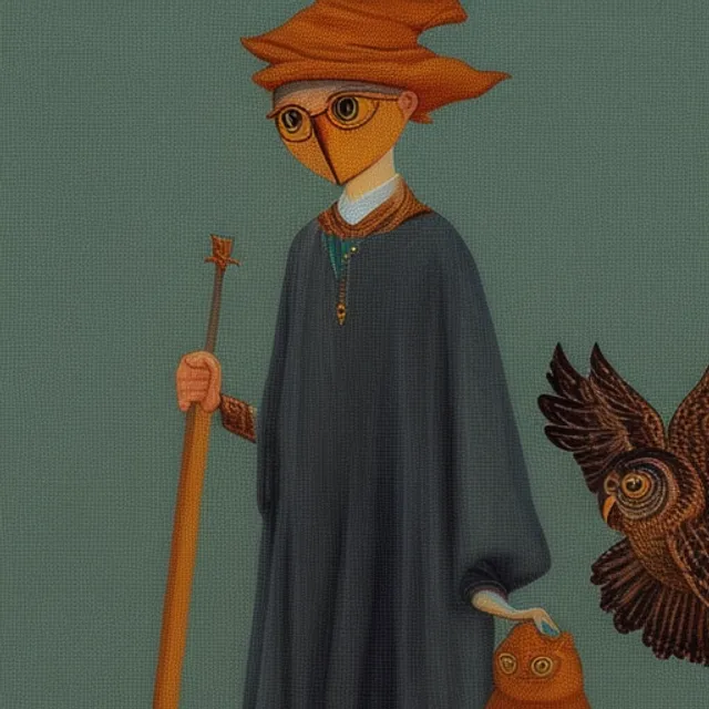 A painting of a young wizard and his owl