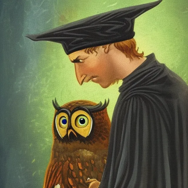 A painting of a teenage wizard and his owl