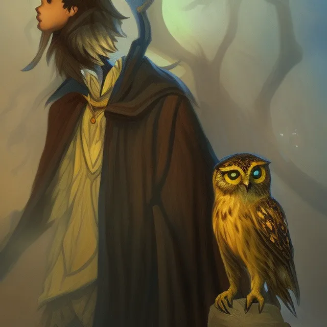 A painting of a teenage wizard and his owl