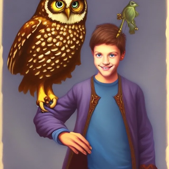 A painting of a teenage wizard and his owl