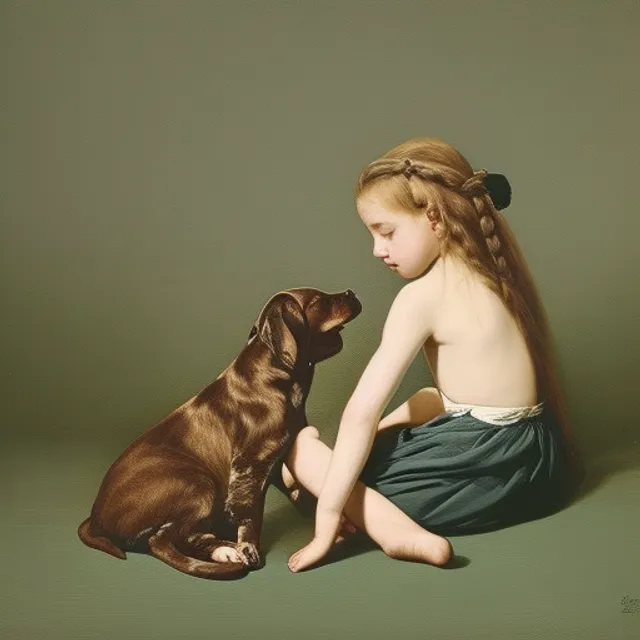 A painting of a  girl and her pet.
