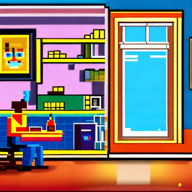 Character sitting and relaxing in front of their work desk in their cozy room as a peaceful scene is seen through the room's window. Smooth Highly detailed masterpiece pixel-art. in the style of Close Highly detailed masterpiece professional artistry Sega, Namco, Neogeo, Capcom artist's Pixel-art. Trending on artstation. Slice-of-life genre art. Balanced colors and lighting scheme by James Gurney and artgerm. In the style of a 'Music to chill/study' to youtube video
