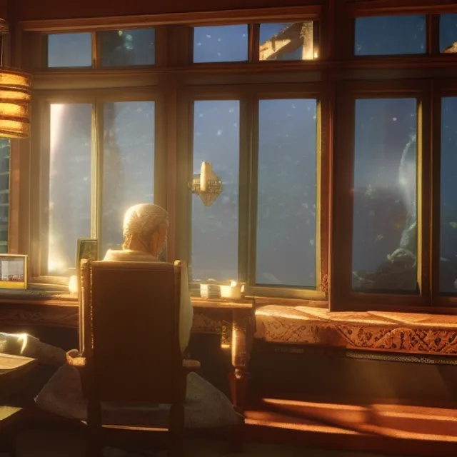 Character sitting and relaxing in front of their work desk in their cozy room as a peaceful scene is seen through the room's window. Character sitting and relaxing in front of their work desk in their cozy room as a peaceful scene is seen through the room's window. taken in 2022, intricate details, autumn rain turkel