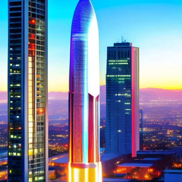 "The sleek metallic rocket rises from the neon-lit cityscape, its engines blazing with a bright orange flame. The skyscrapers of the futuristic metropolis tower over the launchpad, while the flashing lights of drones and flying cars fill the night sky. In the distance, a massive holographic advertisement displays the logo of a powerful corporation, hinting at their role in this cutting-edge technological feat. Despite the advanced technology on display, a feeling of danger and unease hangs over the scene, as the rocket symbolizes the unknown dangers and possibilities of the future."