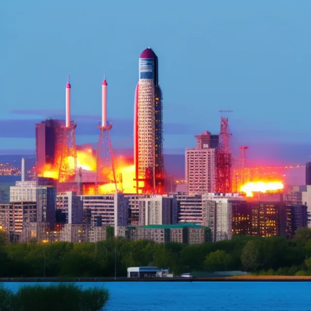 "The sleek metallic rocket rises from the neon-lit cityscape, its engines blazing with a bright orange flame. The skyscrapers of the futuristic metropolis tower over the launchpad, while the flashing lights of drones and flying cars fill the night sky. In the distance, a massive holographic advertisement displays the logo of a powerful corporation, hinting at their role in this cutting-edge technological feat. Despite the advanced technology on display, a feeling of danger and unease hangs over the scene, as the rocket symbolizes the unknown dangers and possibilities of the future."