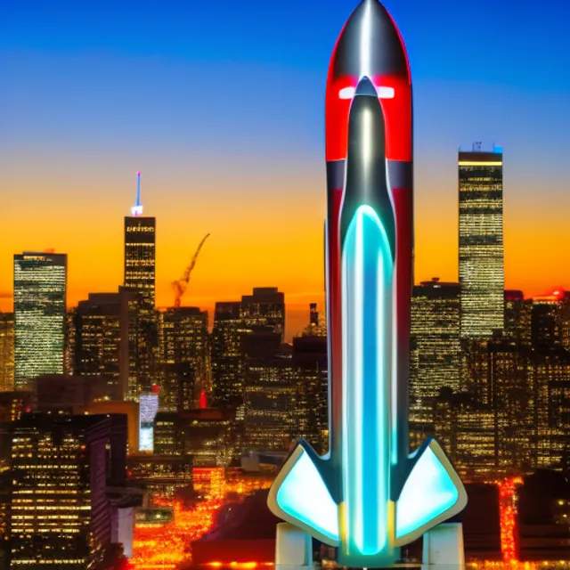 "The sleek metallic rocket rises from the neon-lit cityscape, its engines blazing with a bright orange flame. The skyscrapers of the futuristic metropolis tower over the launchpad, while the flashing lights of drones and flying cars fill the night sky. In the distance, a massive holographic advertisement displays the logo of a powerful corporation, hinting at their role in this cutting-edge technological feat. Despite the advanced technology on display, a feeling of danger and unease hangs over the scene, as the rocket symbolizes the unknown dangers and possibilities of the future.8k"