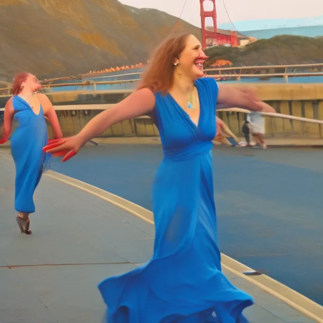 A women near golden gate bridge dancing in blue dress