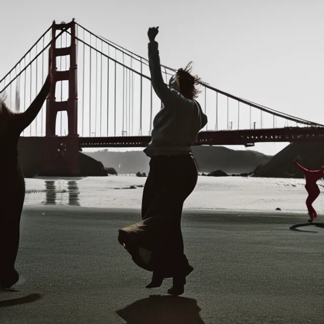 A women near golden gate bridge dancing 
